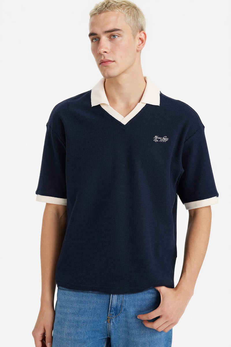 DeFacto Blue Man Boxy Fit Polo Collar Textured T-Shirt Casual - Image 1